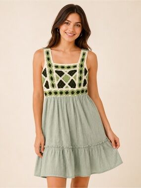 Love Squared Girls Sage Green Crochet Tiered Dress Size 8